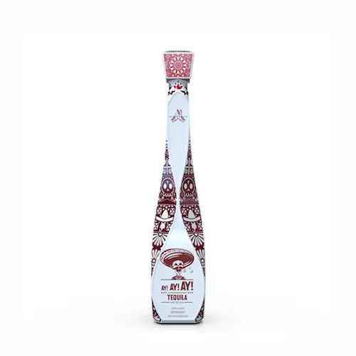 Bottle of Ay! Ay! Ay! tequila with a decorative painted design