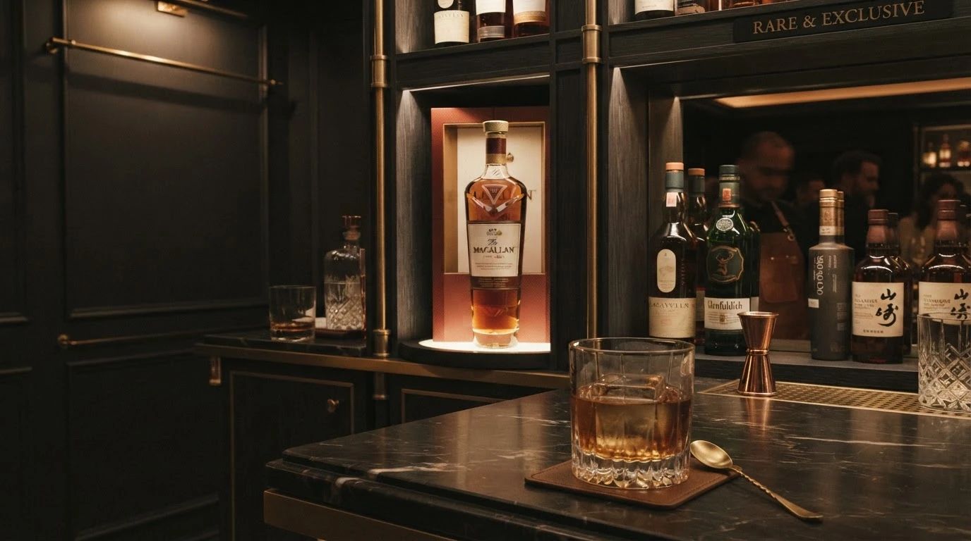 Whisky bar with a bottle of The Macallan on display and a glass of whisky on a marble counter