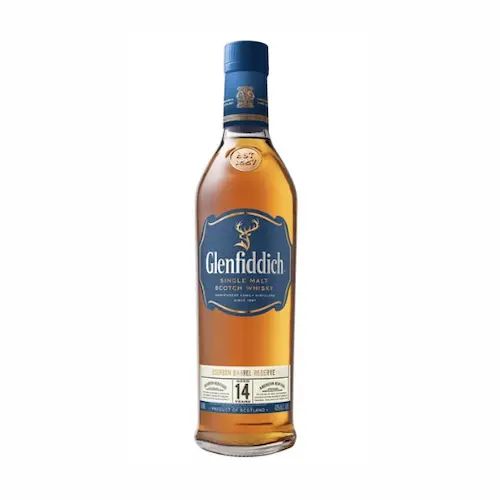 Bottle of Glenfiddich 14 Year Bourbon Barrel Reserve single malt Scotch whisky
