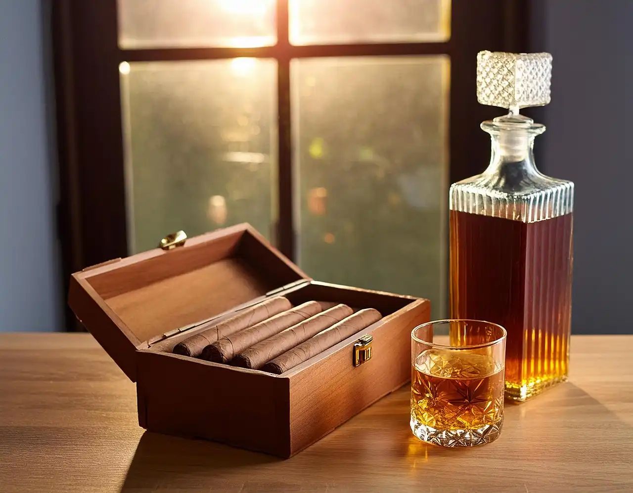 Whiskey decanter and glass beside an open cigar box by a window